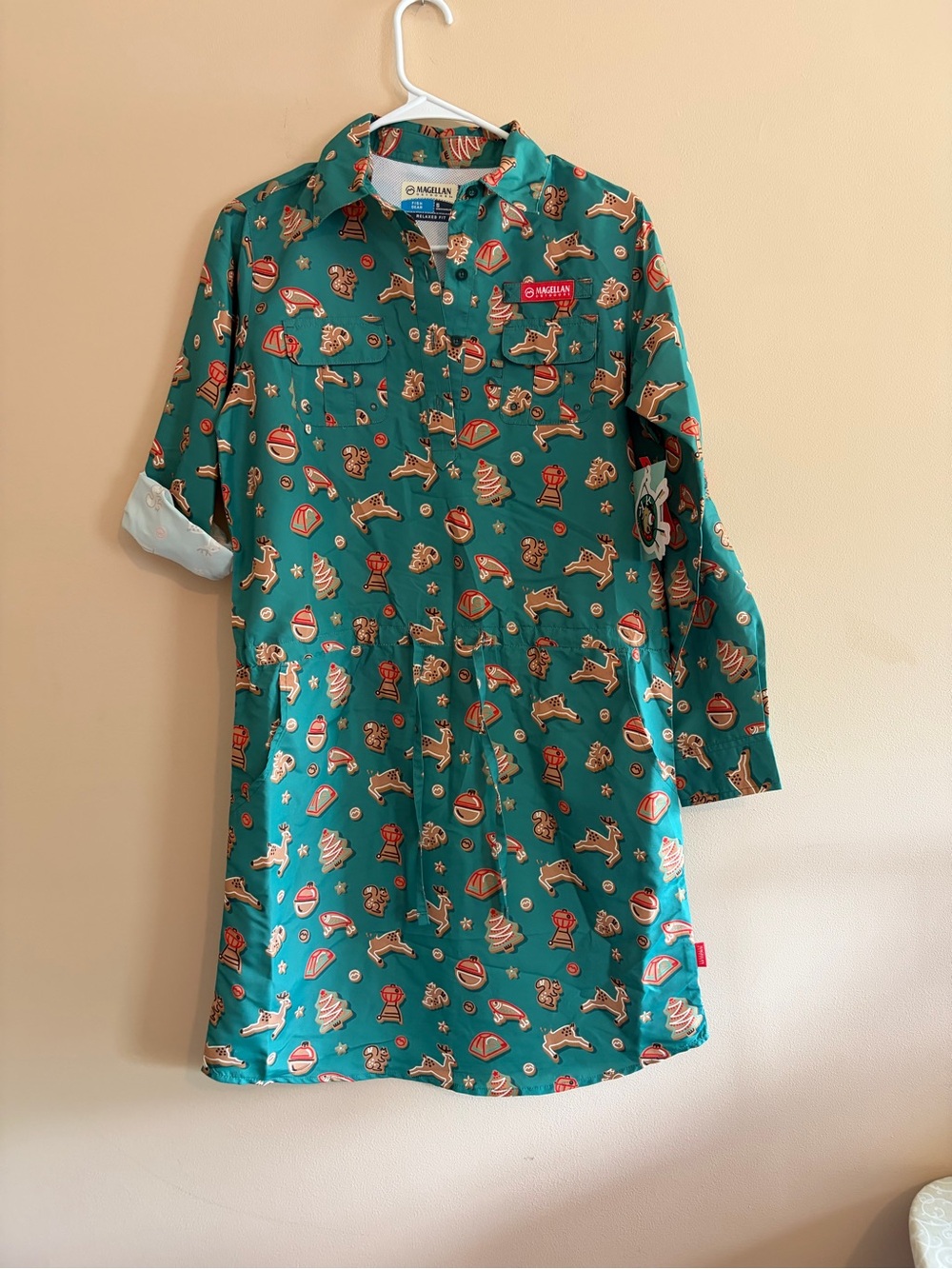 Magellan Outdoors Teal Holiday Print dress Christmas cookie design